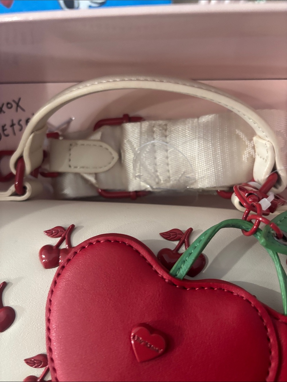 Betsey Johnson Cream Satchel with Red Cherry Studs and Red Heart Charm - Picture 4 of 4